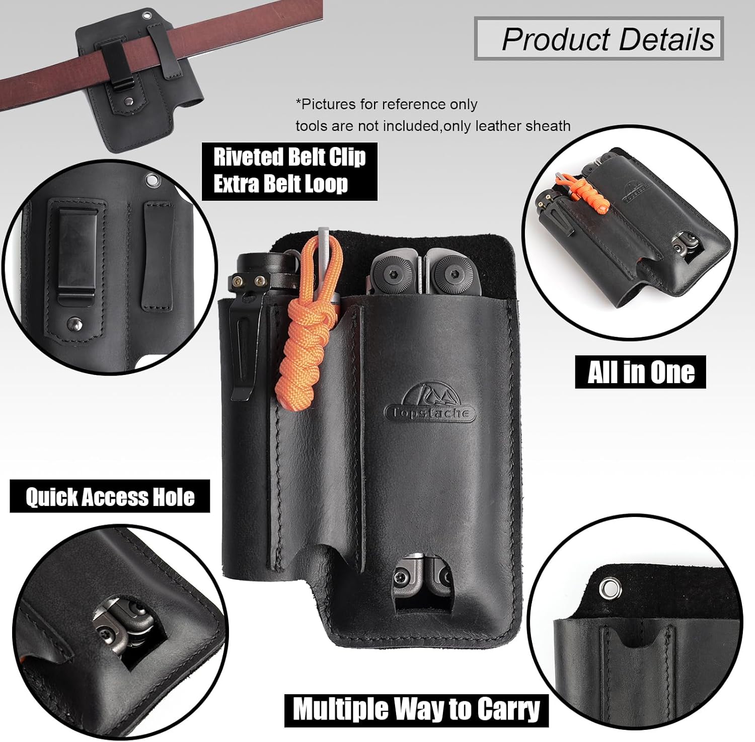 Topstache Leather Multitool Sheath with Belt Clip - Leather Multitool Pouch for Belt - EDC Belt Organizer - Multitool Holster Fits Multitool, Flashlight, Pen - Leather Multitool Holder - Black - Image 3