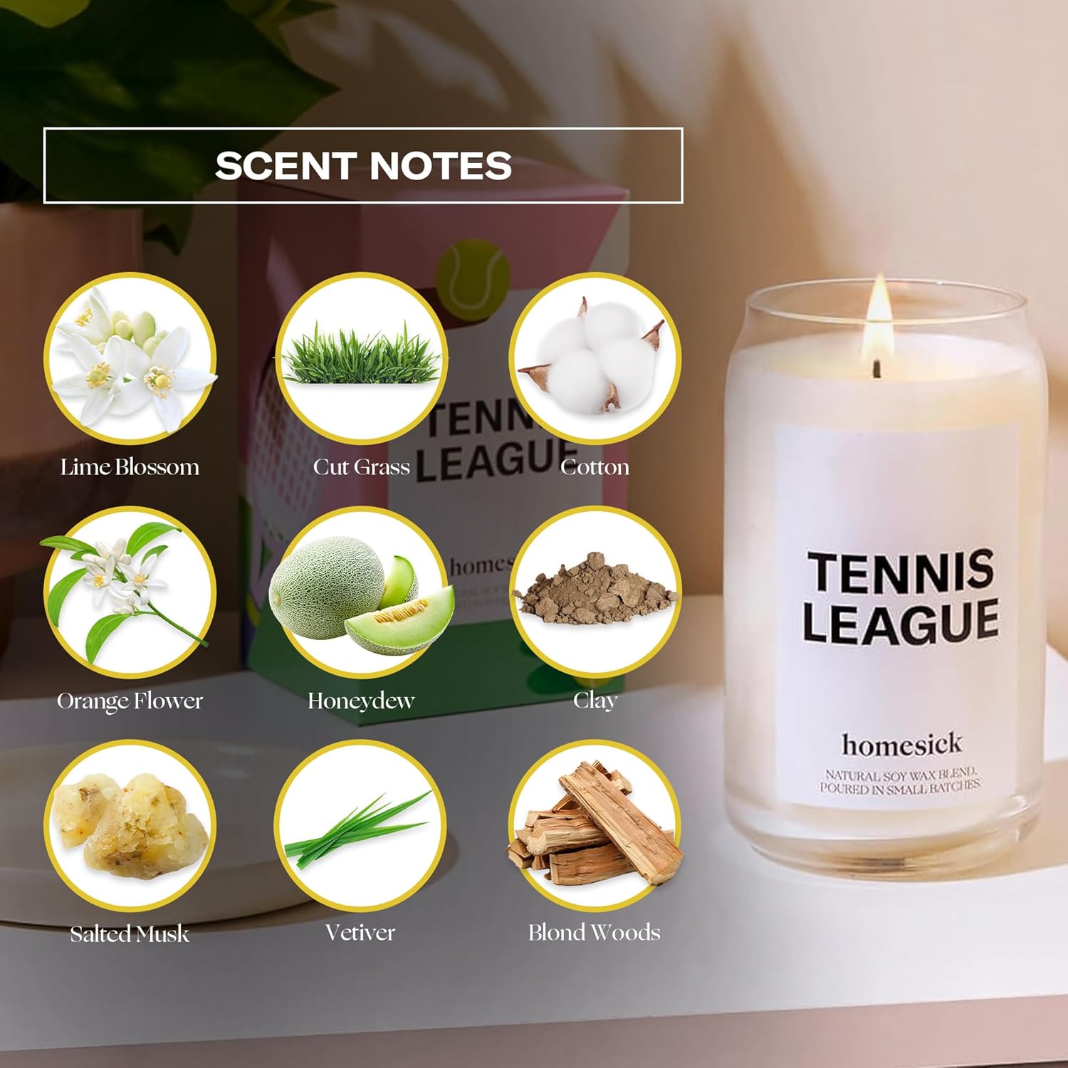 Homesick Scented Candles for Home (Tennis League) - 13.75 oz Long-Lasting Soy Wax Blend Jar Candle Gifts for Women & Men, 60-80 Hours Burn Time - Notes of Lime Blossom, Orange Flower, Salted Musk - Image 3