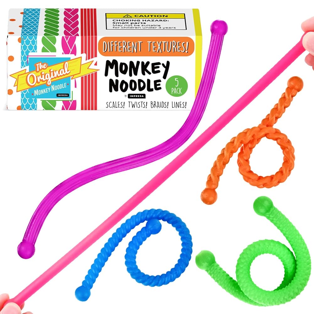 IMPRESA Textured Monkey Noodles Fidget Toy - 5 Pack Calming Sensory Noodles & Stretchy Fidget Toy, Holiday Stocking Stuffer - On-the-Go Relief & Travel Accessories - Stretches up to 12-Inch Multicolor