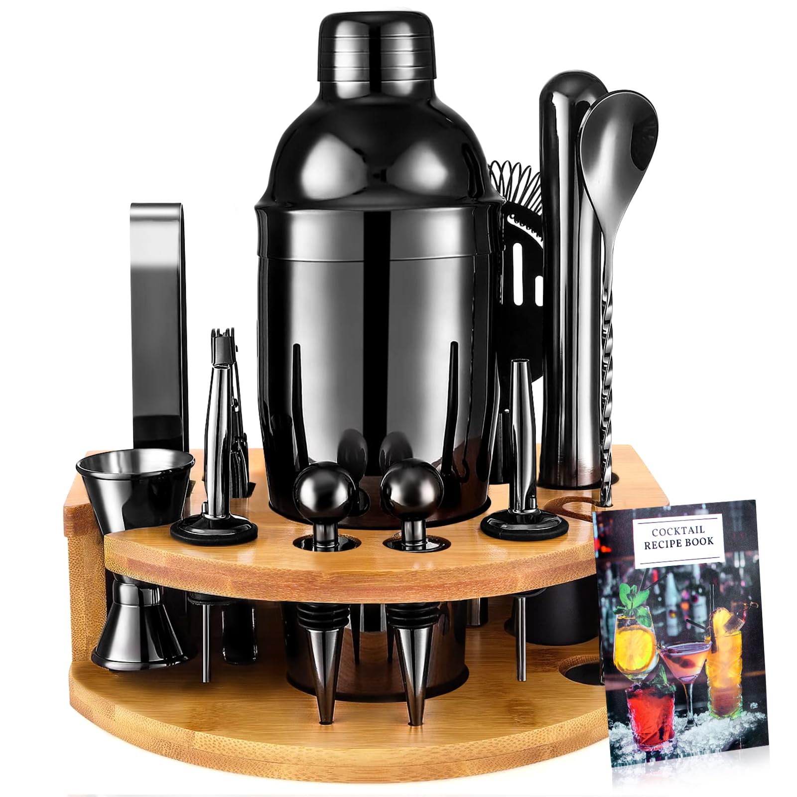 AOKITO Cocktail Shaker Set, 12 Teiliges Edelstahl Cocktail Bar Set Barzubehör, 750ml Cocktailshaker, Barkeeper Zubehör Set, Cocktails Mixer Set, mit Holzständer für Zuhause Oder die Bar, Cocktailbuch