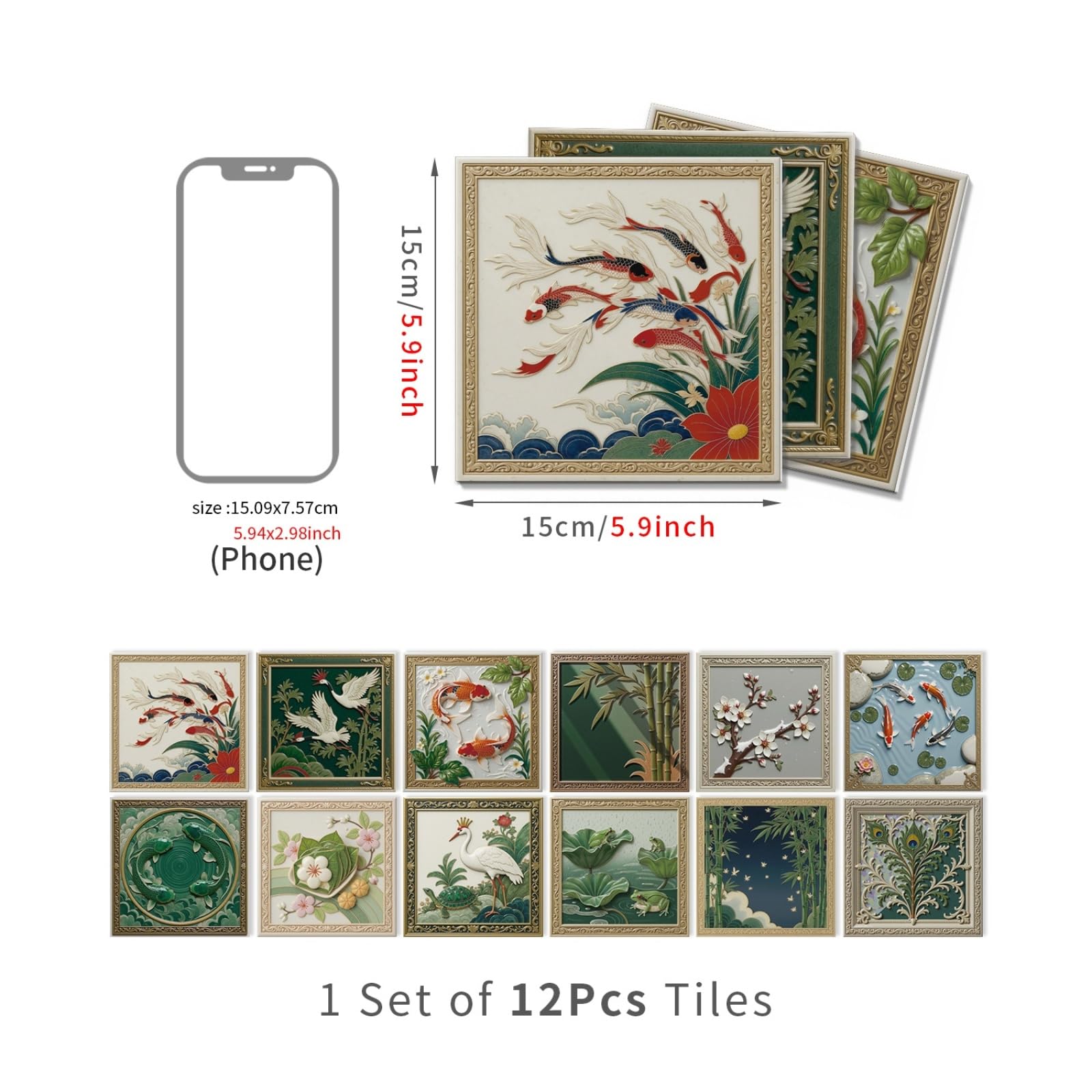 Azulejos Adhesivos Baño 15x15 cm Pescado Chino Verde Vinilo Pared Cocina Pelar Y Pegar Impermeable para Muebles Chimenea Gabinete Baldosas Adhesivas Pared Decorativos 24 Piezas