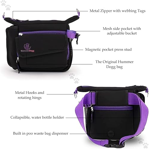 Miniatura 4 de HummerDogg Bolsa de golosinas para perros con bolsa de olor a carbón, bolsa de entrenamiento para perros morada con soporte para botellas, cinturón
