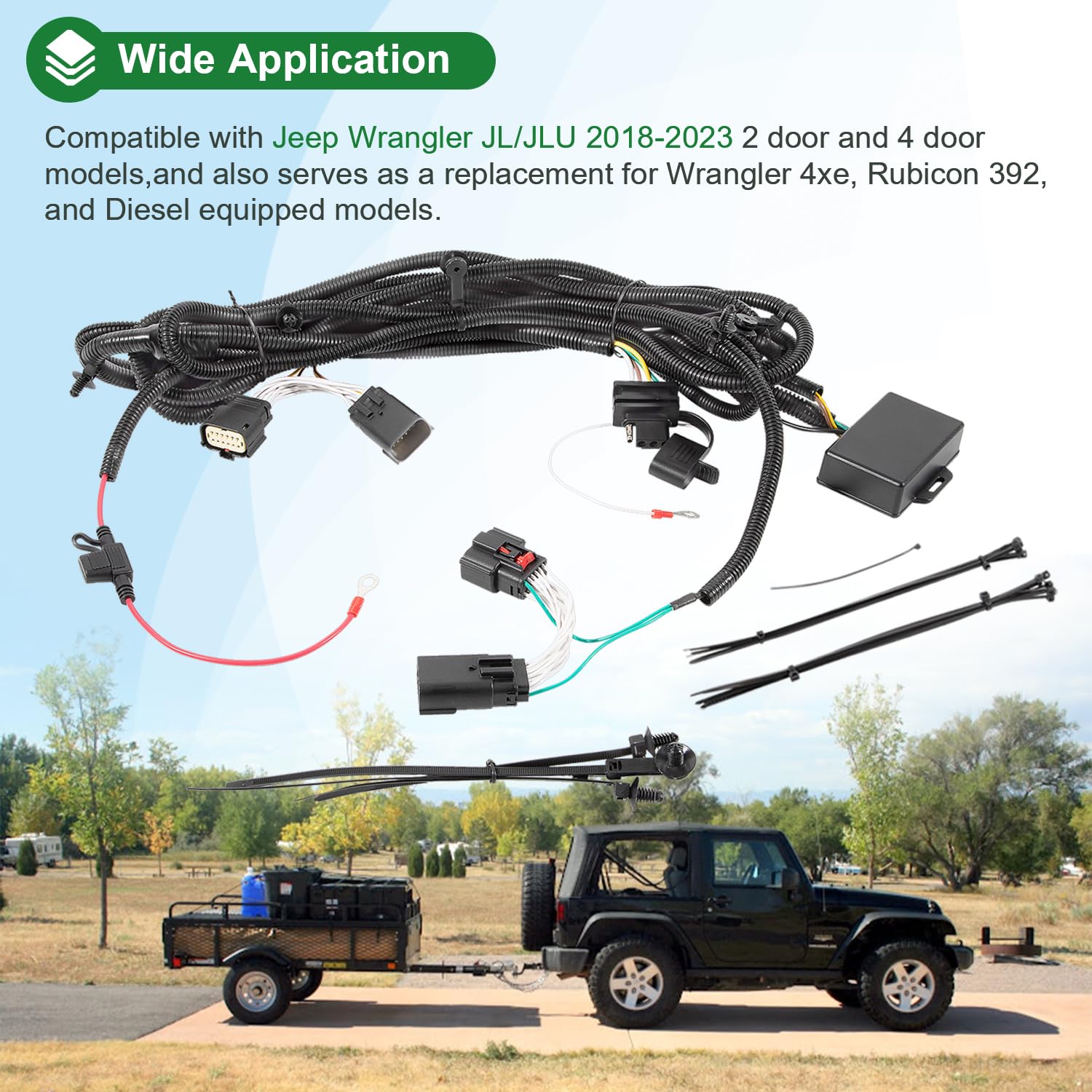 Trailer Wiring Harness Kit 4-Pin Fits for Jeep Wrangler JL/JLU 2018-2023 Vehicle-Side Wiring Harness Black