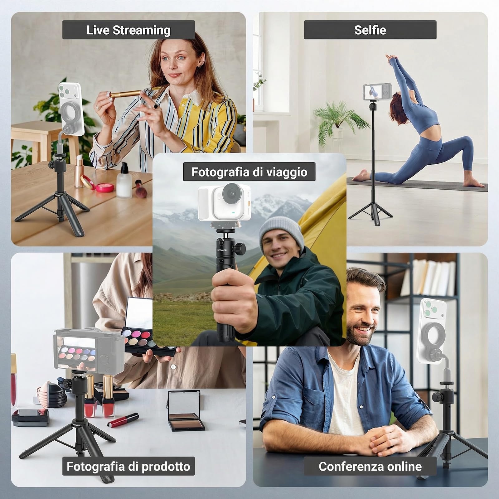 NEEWER BASICS Treppiede Selfie Stick Estensibile, Impugnatura Supporto Portatile in Metallo Compatibile con Canon G7X Mark III Sony ZV-1 RX100 VII A6400 A6600 Nikon Camera Webcam per Vlogging, DT001