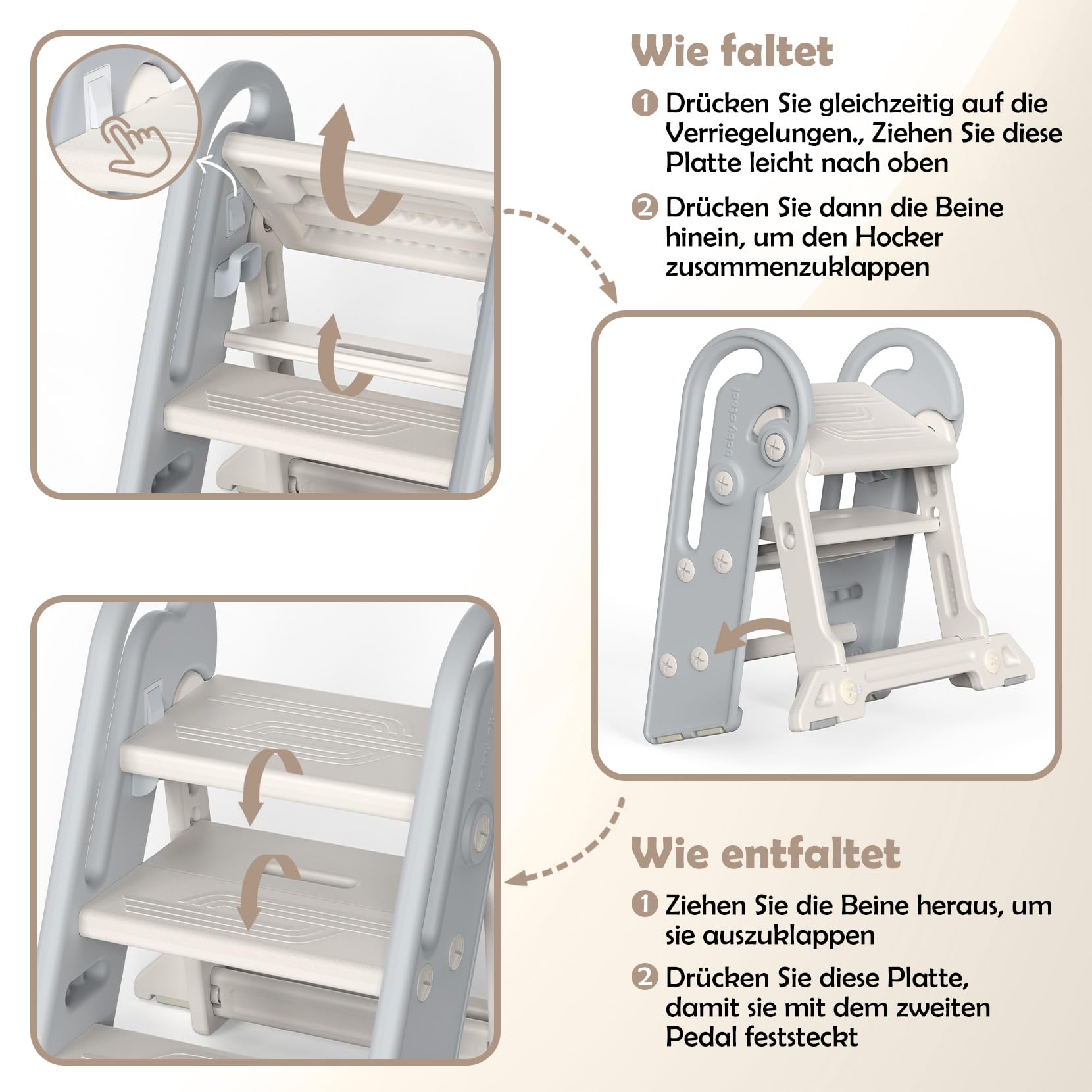 Tritthocker für Kinder Hocker Kinder Bad ab 1,5 bis 8 Jahren | 2 Stufen-3 Stufen Höhenverstellbar Kinder tritthocker | Klappbar | Sicherheit Handslauf | für Bad, Kleinkinderzimmer, Küche (Grauweiß)