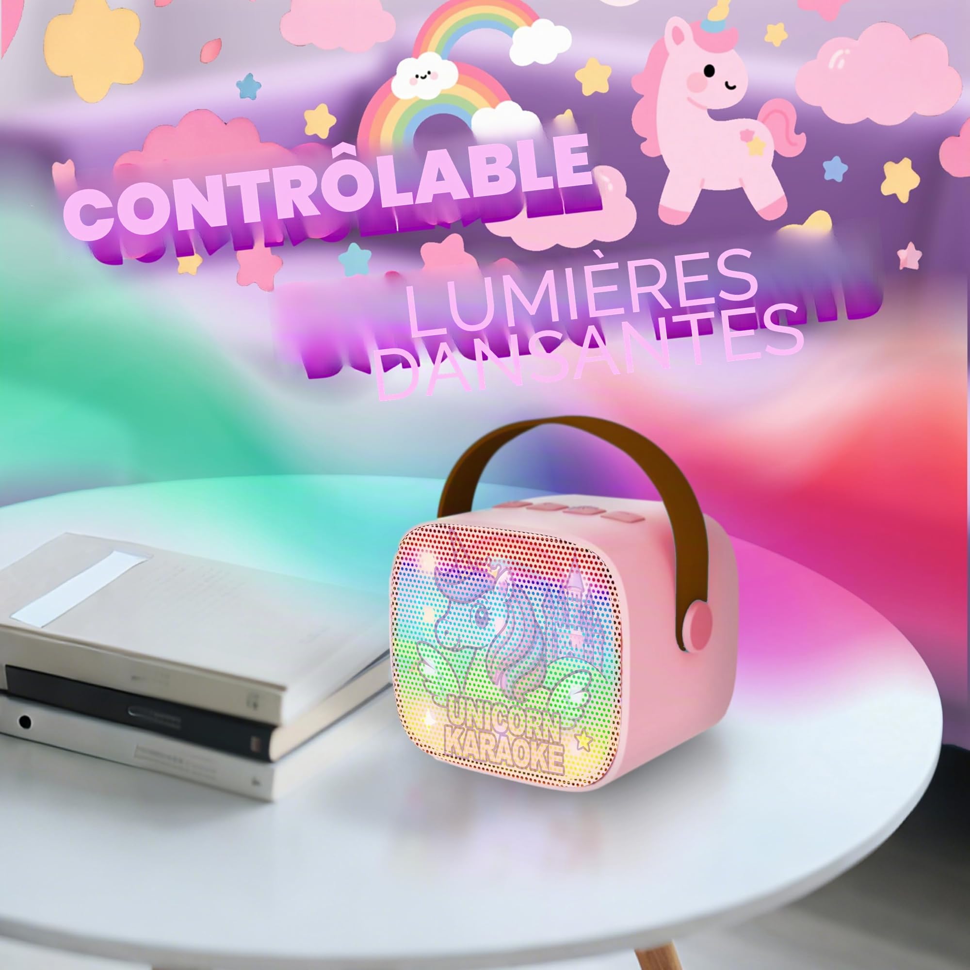 Micro Karaoké Enfant,Mini Enceinte Bluetooth avec 2 Micros sans Fil, Cadeau Fille 3 4 5 6 7 8 9 Ans, Licorne Jouet Musical pour Filles, Idée Cadeau Anniversaire,Micro Enfant pour Chanter