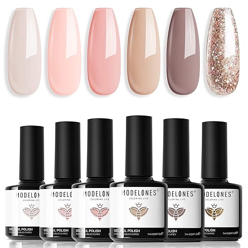Modelones Juego de esmaltes de uñas de gel 6 colores rosa nude con brillantina tonos de piel popular kit de iniciación de esmalte de gel neutro para