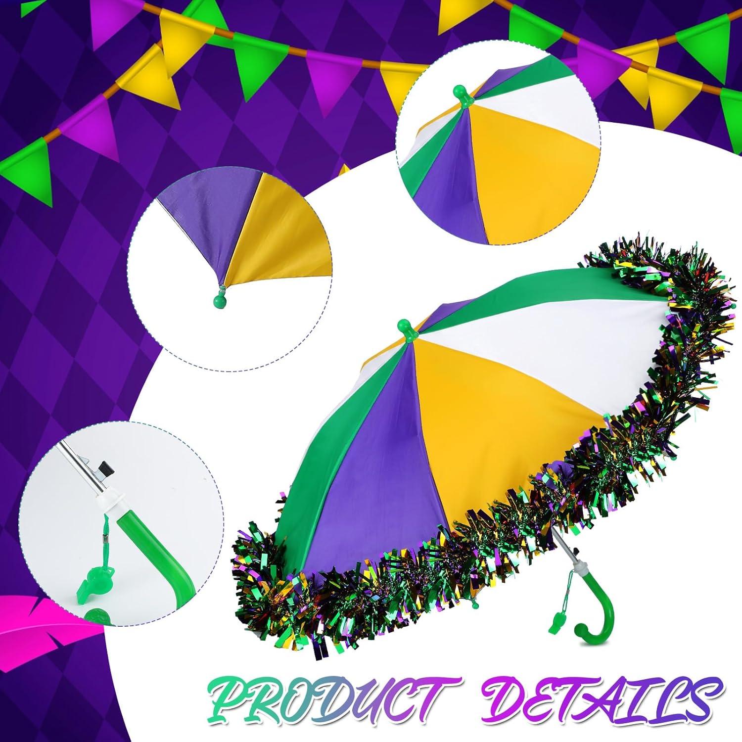 Moukeren 6 Set Mardi Gras Umbrella 16" Second Line Umbrella with Tinsel Garland Mardi Gras Party Supplies Outfit Accessories for Women Masquerade Costume Party Favor