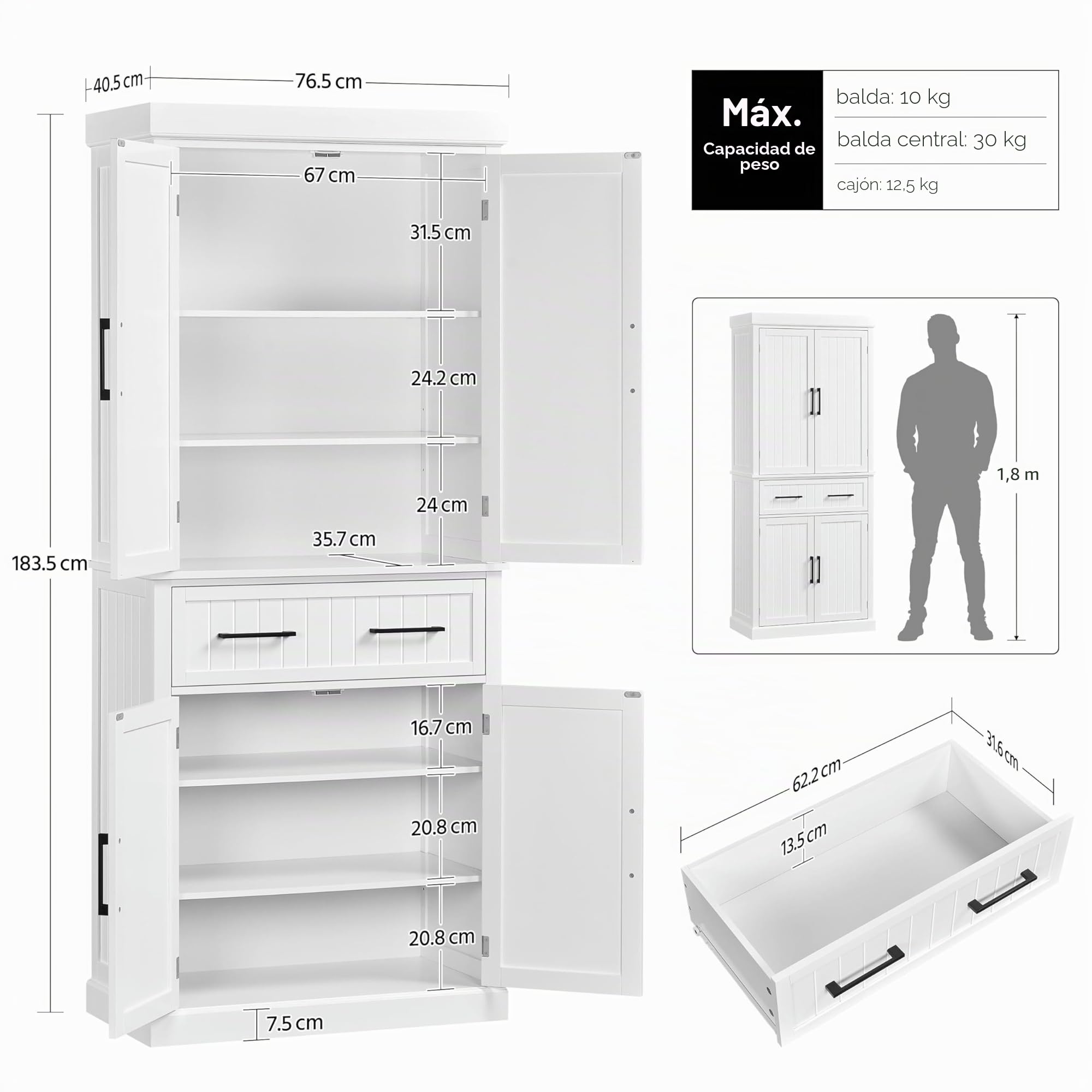 Yaheetech Armario de Almacenamiento con 4 Puertas y 1 Cajón, 183.5x76.5x40.5 cm, 2 Estantes Ajustables para Cocina, Salón y Entrada, Blanco