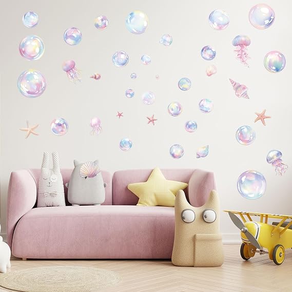 4 Sheets Bubble Wall Decals, Colorful Bubble Wall Cutouts Decal Ocean Decor Sticker Ideal Background Decorations for Bathroom Birthday Under The Sea Mermaid Theme Party(Style 1)