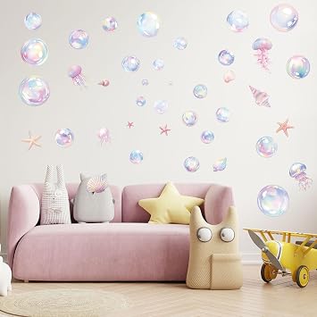 4 Sheets Bubble Wall Decals, Colorful Bubble Wall Cutouts Decal Ocean Decor Sticker Ideal Background Decorations for Bathroom Birthday Under The Sea Mermaid Theme Party(Style 1)