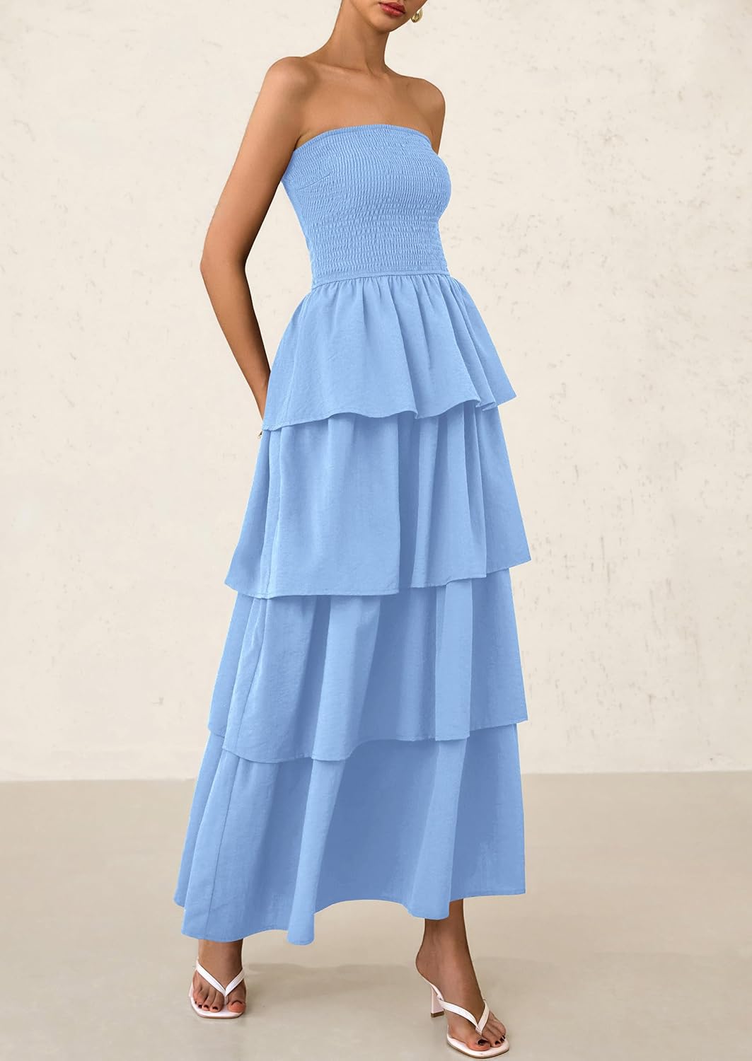 PRETTYGARDEN Maxi Dresses for Women 2025 Summer Off Shoulder Smocked Tiered Ruffle Long Flowy Wedding Guest Dress - Image 3