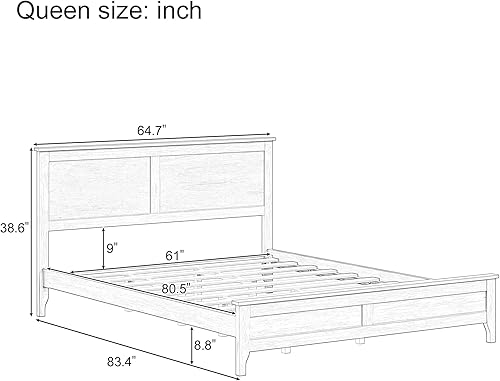 Miniatura 23 de LZ LEISURE ZONE Cama de plataforma de madera maciza de estilo moderno con cabecero, estribo, marco de cama de madera y patas de soporte central de