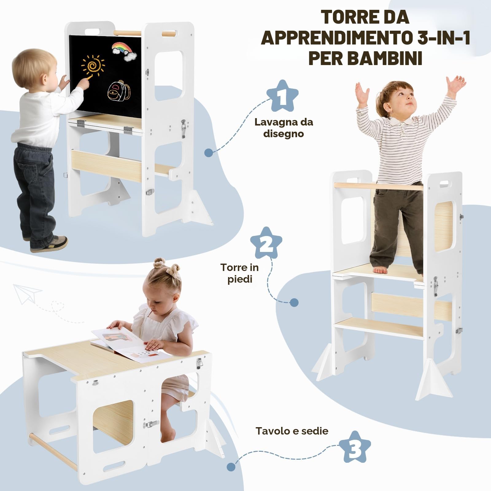 Labebe Montessori Torre per bambini, 3 in 1 Torre di Apprendimento Pieghevole, Multifunzionale Torre didattica con lavagna, Legno protezione antiribaltamento torretta da 1 anno bambini-bianco e legno