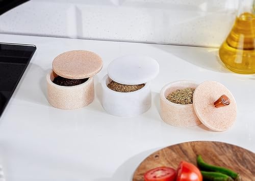 Miniatura 4 de Queenza Bodega de sal de mármol blanco con tapa, cuencos de sal y pimienta de 3 pulgadas, ramequines, soporte para sal kosher