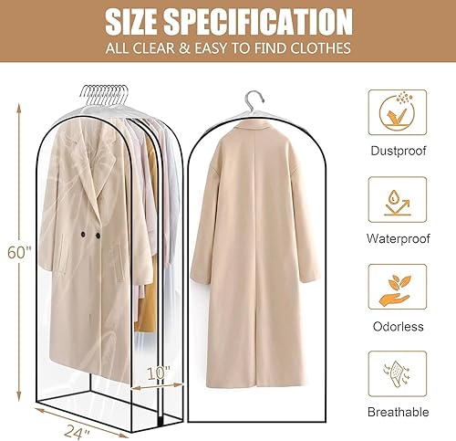 Miniatura 10 de Paquete de 5 bolsas de ropa transparentes de 60 pulgadas para colgar ropa, 10 pulgadas con fuelle de gran capacidad, bolsa de ropa colgante grande