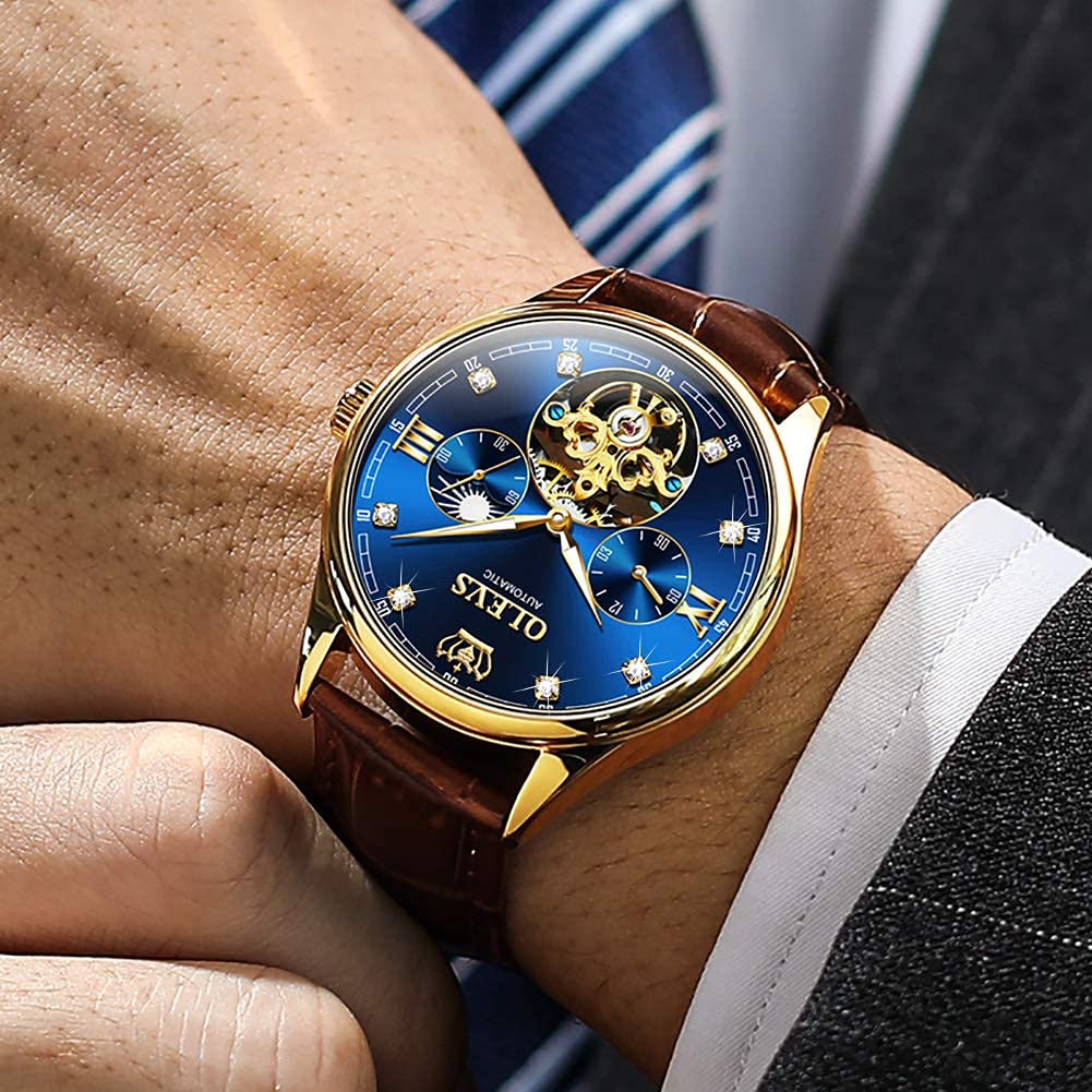 OLEVS Mens Leather Watches Automatic Mechanical Skeleton Tourbillon Diamond Luxury Self Winding Dress Wrist Watches Moon Phase Waterproof Luminous