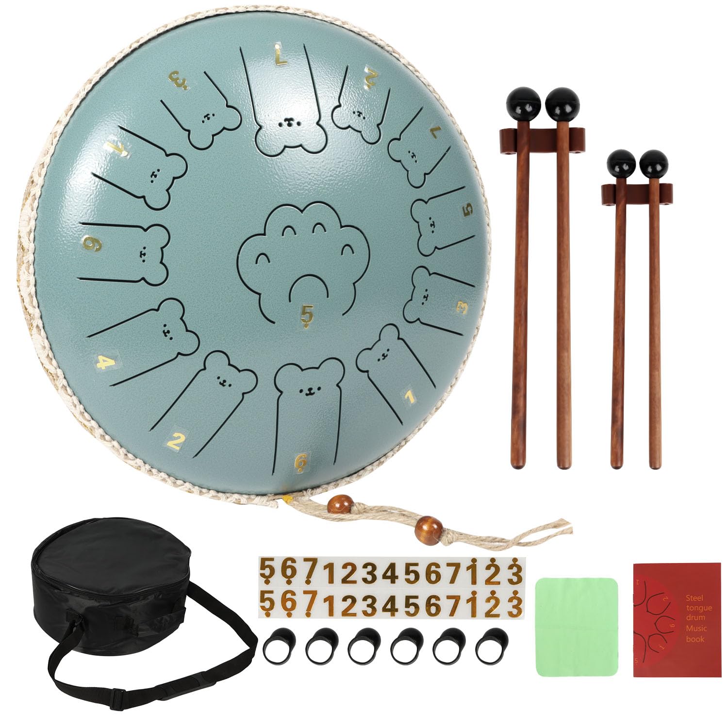Steel Tongue Drum - 13 Inch 13 Note Bear Tongue Drum - Steel Drum with Mallets 2 Pairs, Carry Bag and Music Book, Handpan Drums for Adults and Kids, C Major (Moss Blue)