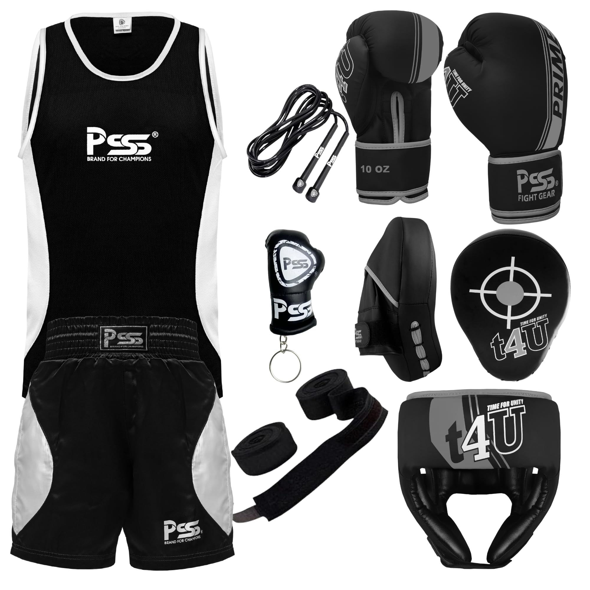 PSS Kids Boxing Set-Boxing Gloves, Uniform, Focus Pad, and Head Guard - Safe, Durable, Lightweight Equipment for Boys/Girls Youth Training, Fitness (Grey, 9-10Year/6oz)