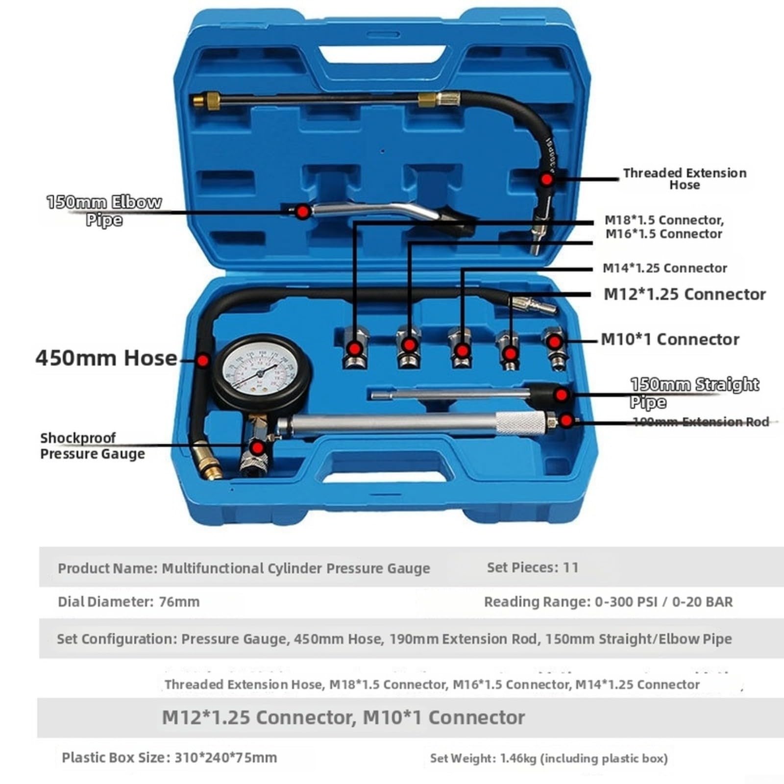 Medidor de presión cilíndrica de 11 piezas para prueba de compresión del motor, manómetro 0-300 PSI/0-20 BAR con adaptadores y manguera flexible,