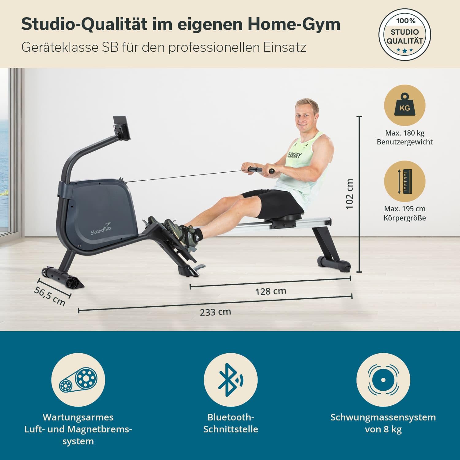 Skandika Rudergerät Njord | Ruderergometer mit 16 Stufen, klappbar, Studioqualität, 8 kg Schwungmassensystem, max. 180 kg, Lange Laufschiene, Kinomap, Bluetooth, | Fitnessgerät für Zuhause