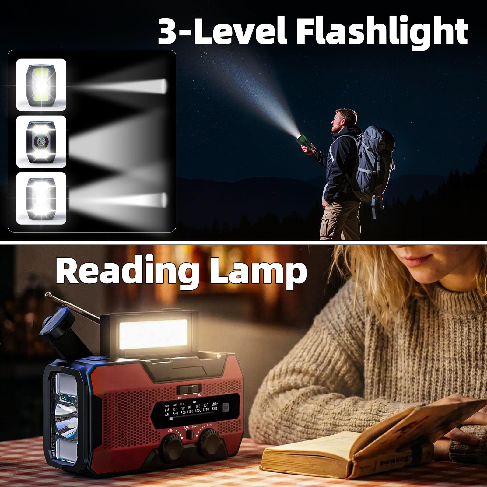 SOLARBABY Radio a Manovella 10000mAh, Radio Solare Portatile con Torcia, Luce di Lettura, AM/FM Radio di Emergenza Solare con Allarme SOS, USB per Emergenze Blackout Campeggio, Rosso