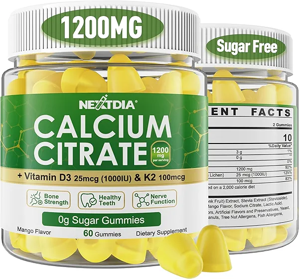 Calcium Citrate Gummies 1200mg with Vitamin D3 K2, Chewable Calcium Supplements for Women & Men, High Potency Support B0ne, Te*th, Strength & Immune Health, Mango Flavor, Non-GMO, Sugar Free, 120 Cts