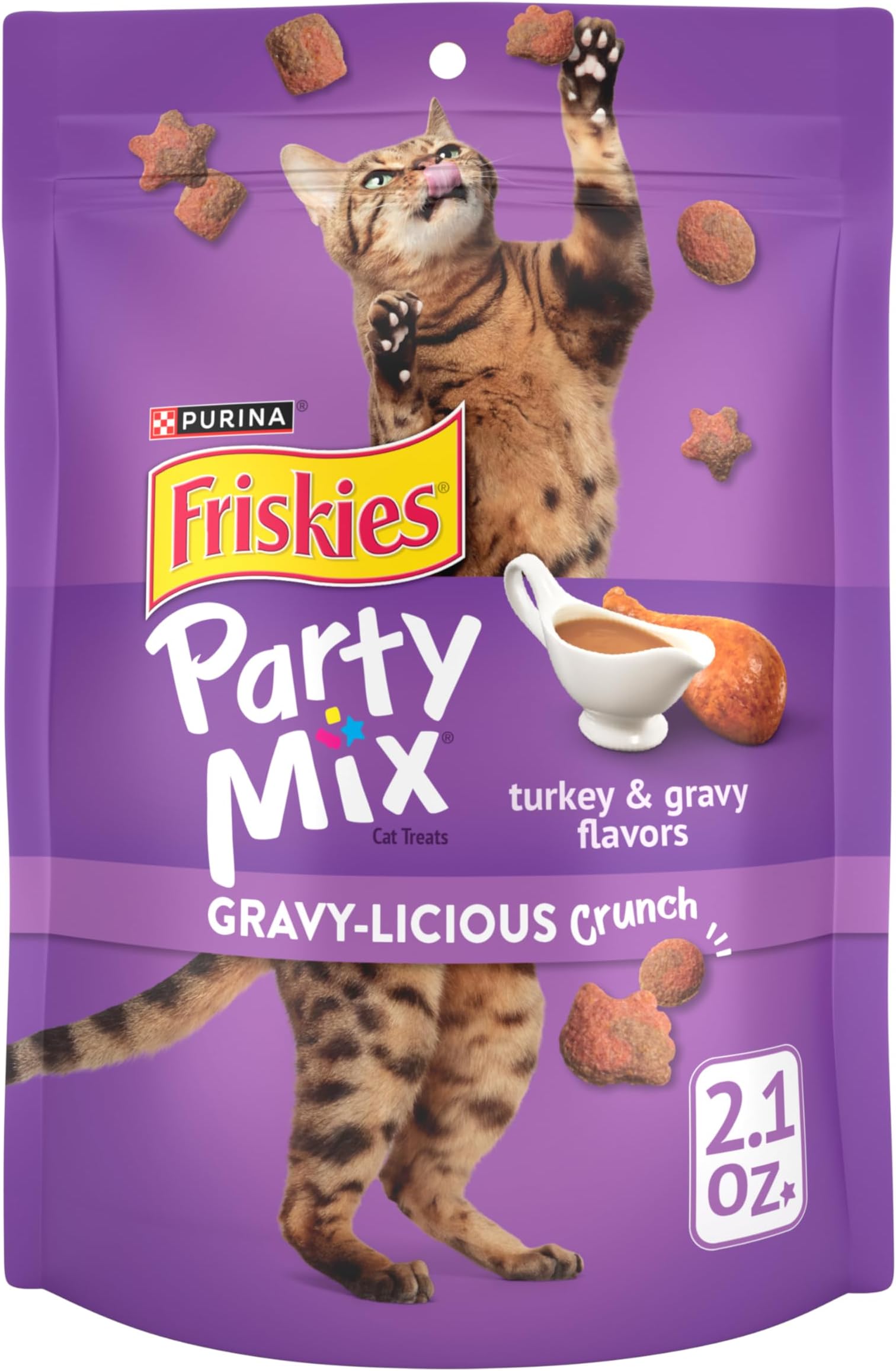Friskies Purina Made in USA Facilities Cat Treats, Party Mix Crunch Gravylicious Turkey & Gravy Flavors - (10) 2.1 oz. Bags