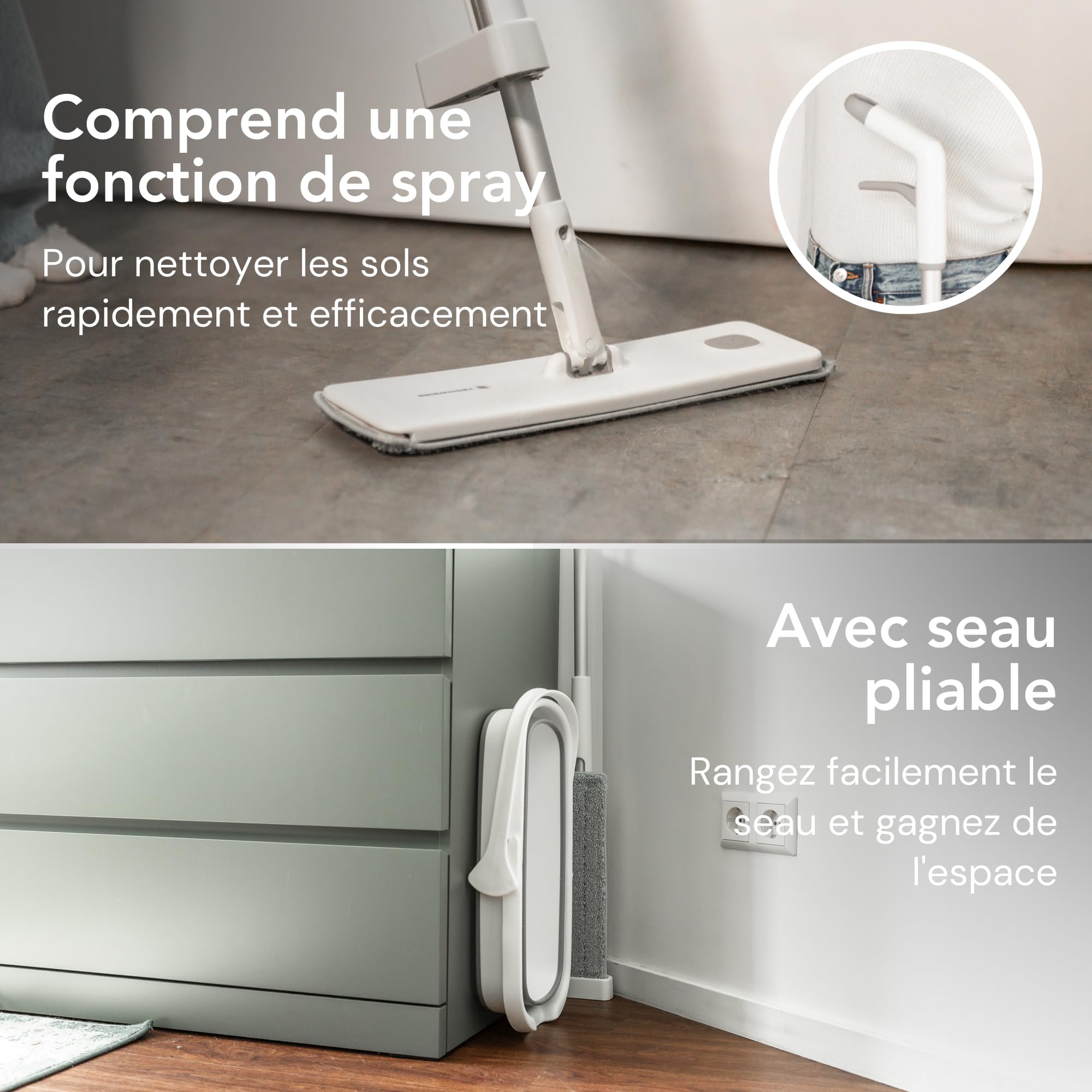 4-in-1 Set de serpillière avec Fonction Spray et Seau Repliable, Set de serpillière et Balai Microfibre avec système d'essorage