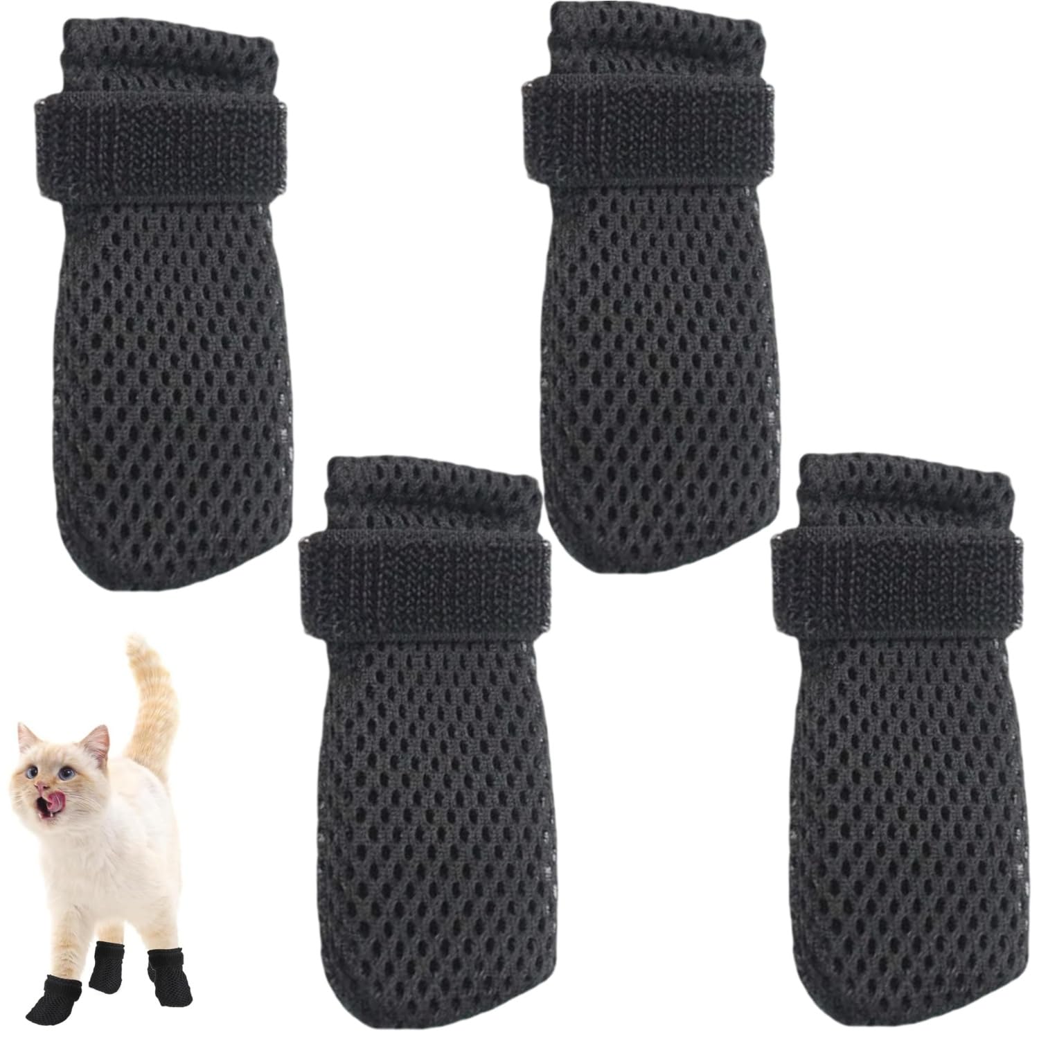 Zwenjuan 4 Pack Anti Scratch Cat Boots,Adjustable Breathable Mesh Cat Shoes, Soft Paw Protector for Nail Trimming, Bathing & Grooming, Washable Anti-Slip Claw Covers