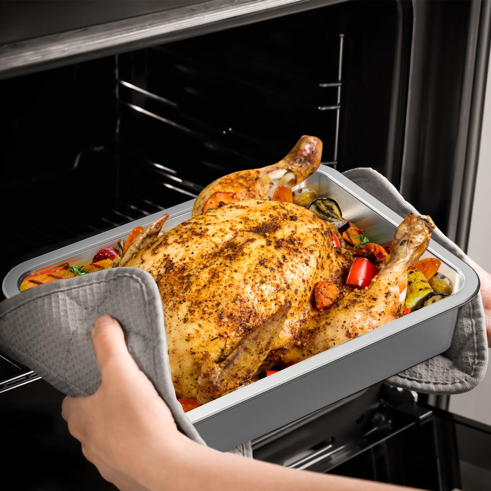 onlyfire Rostiera Profonda Antiaderente, Teglia da Forno in Acciaio Inox per Grill a Gas/Carbone e Forno, 35.7 x 26.5 x 7cm