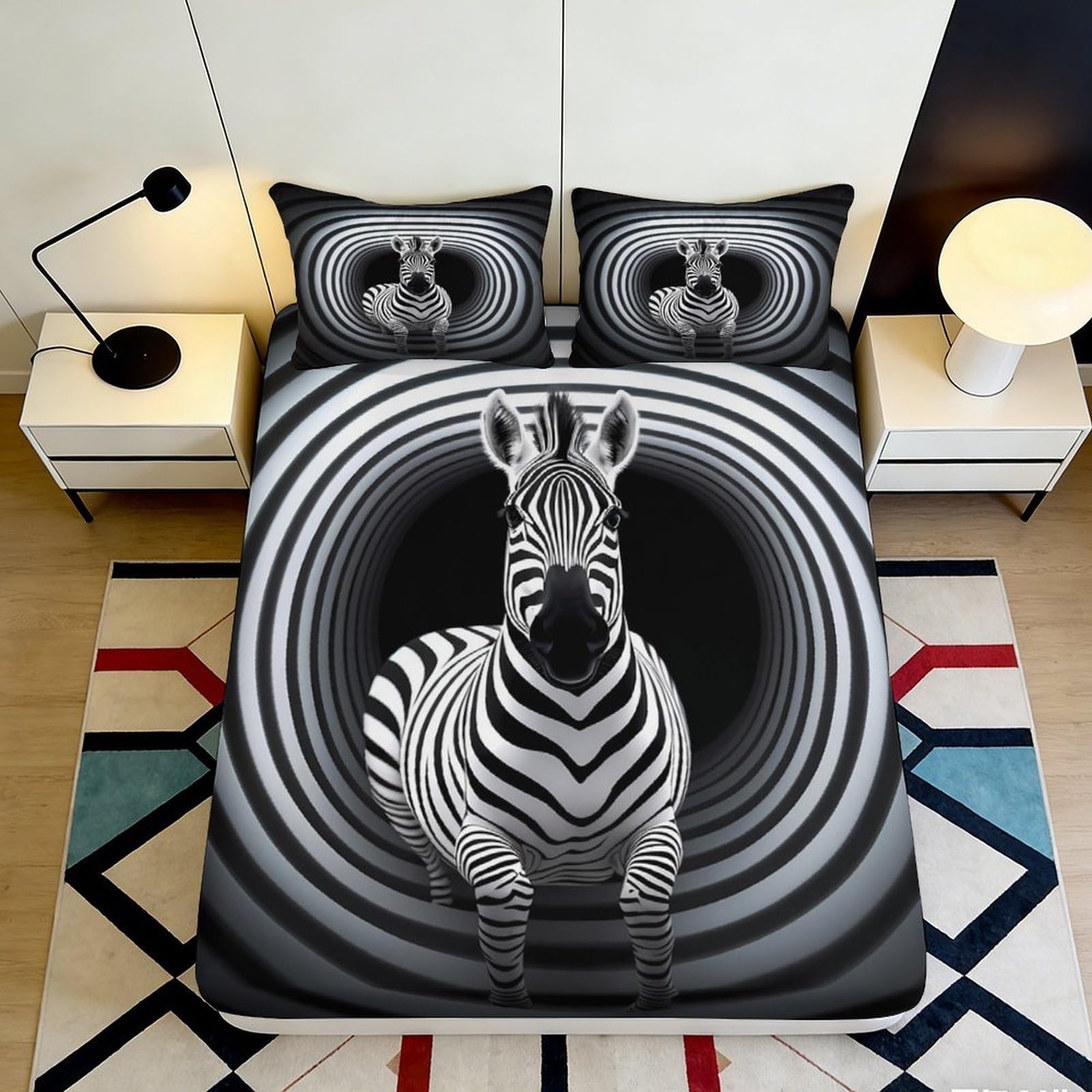 3D Printed Zebra Pattern Fitted Sheet Microfiber Soft Breathable Optical Illusion Bed Cover for Bedroom Dormitory Guest Room Mattress Protection Decor 140x200x25cm