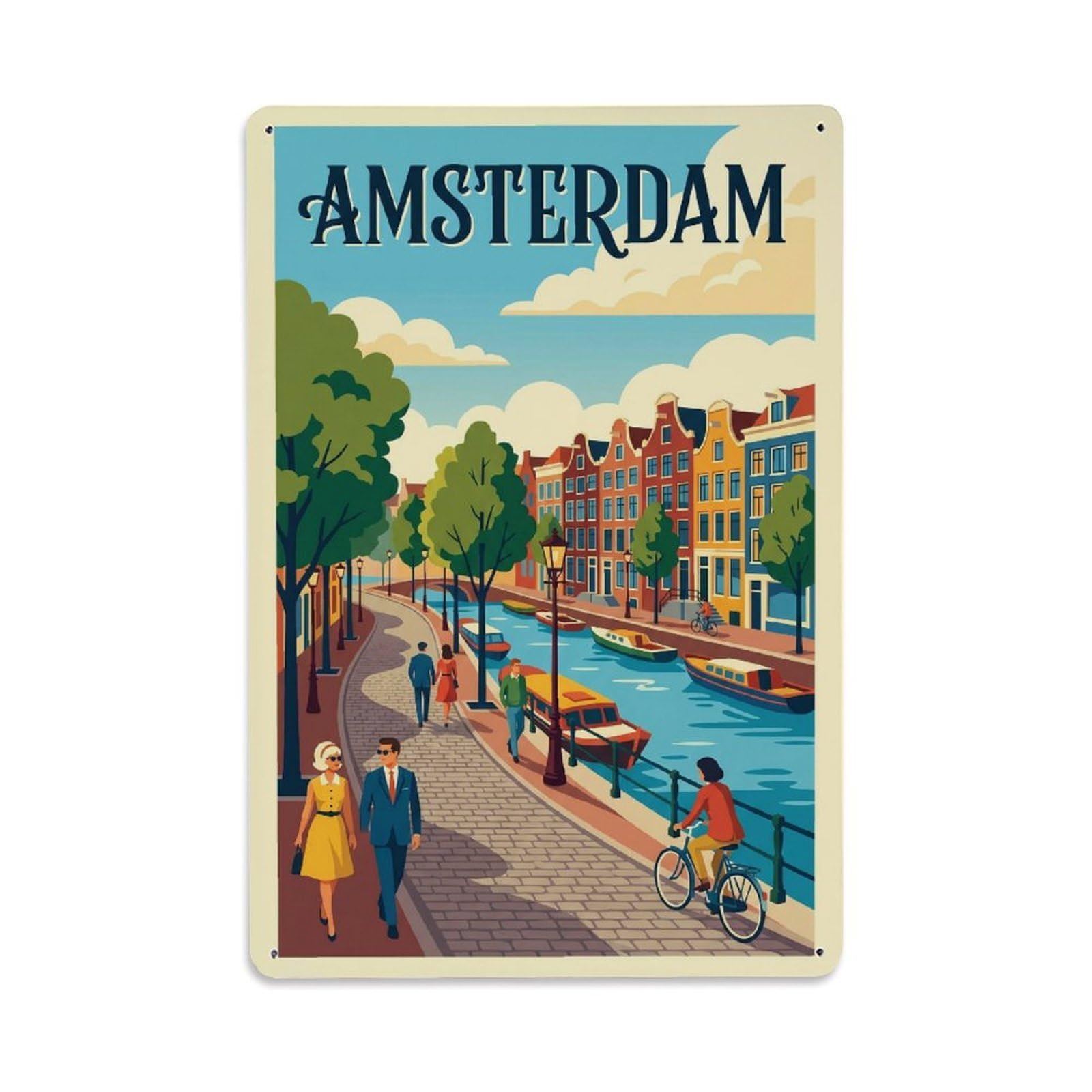 Amsterdam Canal Promenade Waterway Vintage Tourism Metal Tin Sign Plaque Wall Decor for Cafe, Man Cave, Club Bar, Office, Home Garden Round Metal Poster 8x12Inch