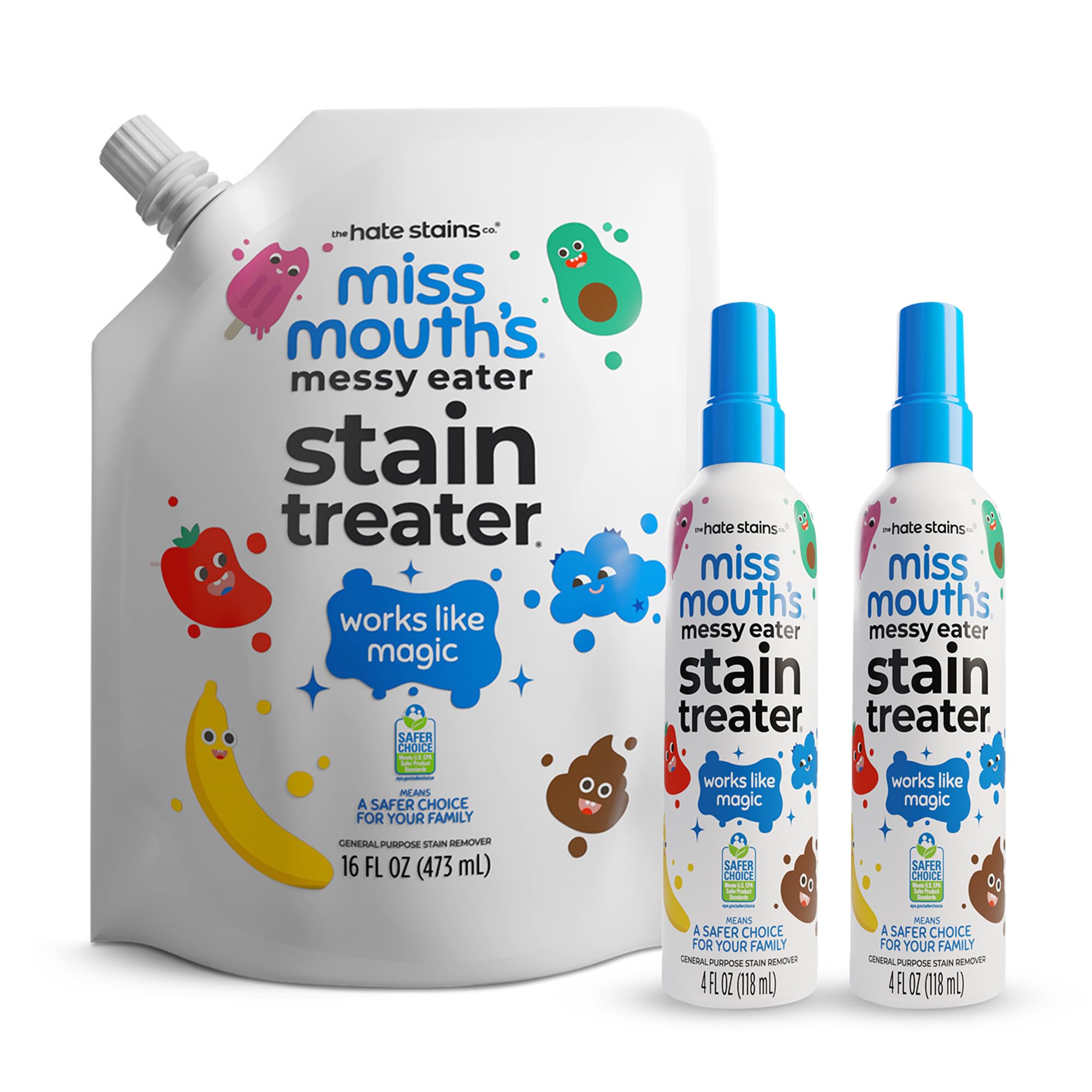 Miss Mouth's Messy Eater Stain Treater Refill Ready Kit - 2 Pack Spray & 16oz Refill Pouch | Powerful Stain Removal for Baby Clothes - main product image