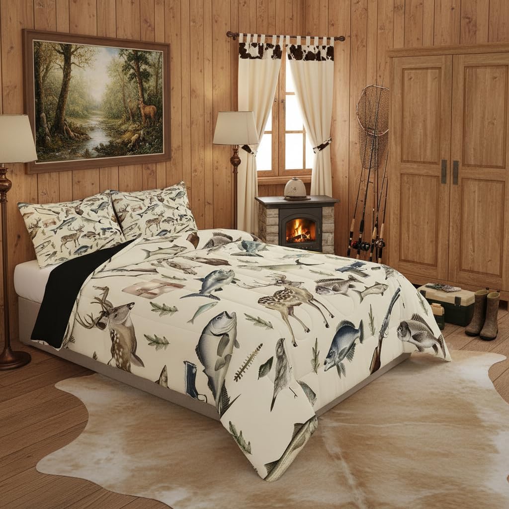Erosebridal Hunting and Fishing Queen Bedding Set,Deer Hunting Comforter Set for Kids Boys Men,Big Bass Pike Fish Comforter,Rustic Cabin Lake House Bedroom Room Decor,2 Pillowcases Breathable