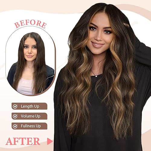 Miniatura 89 de Synthetic Clip in Hair Extensions, 6PCS Natural &Soft Hair& Blends Well Lonng Wavy Hairpieces(20inch,6pcs, Black with Brown Highlights)