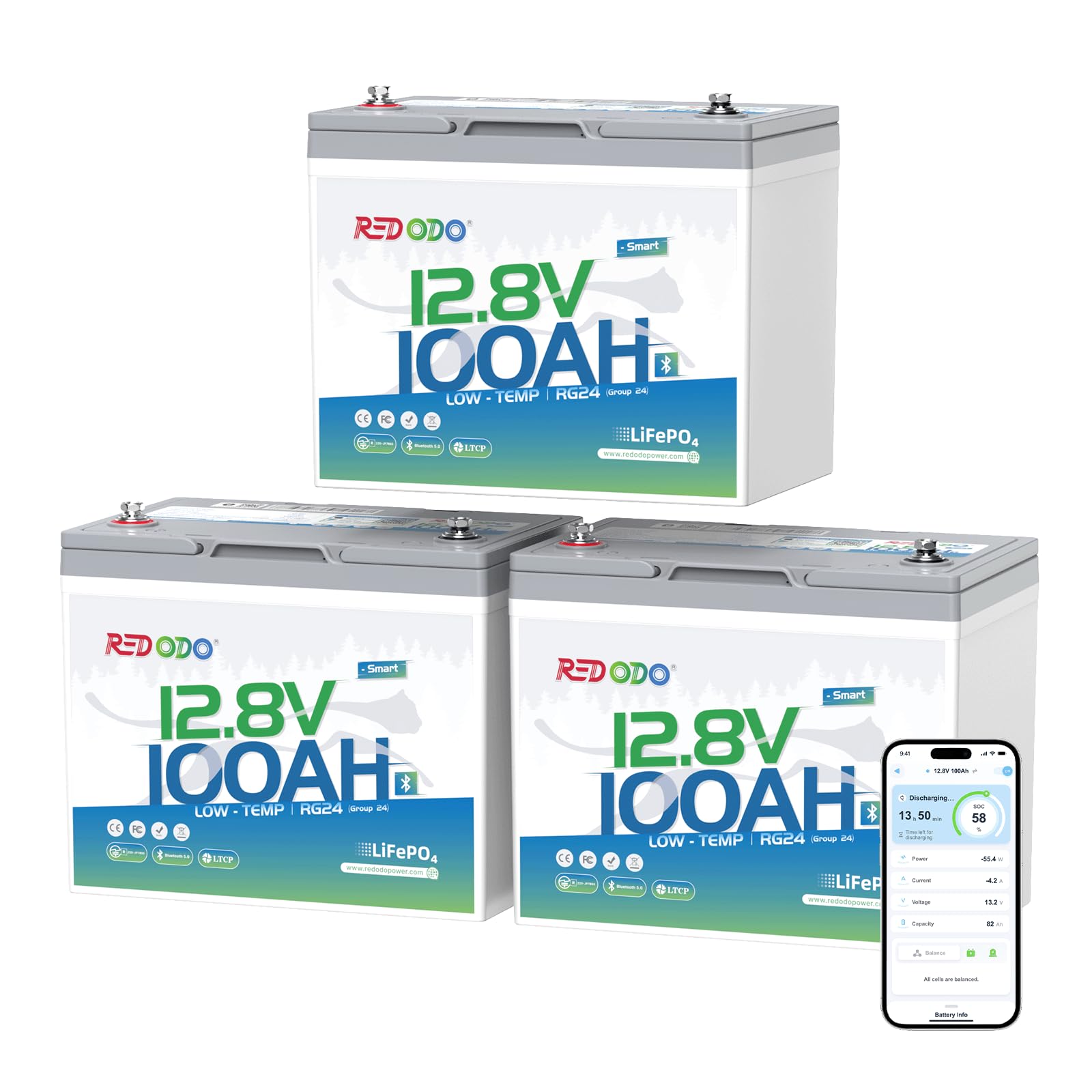 Redodo 12V 100Ah Group 24 LiFePO4 Lithium Battery Bluetooth for RVs-3 Pack