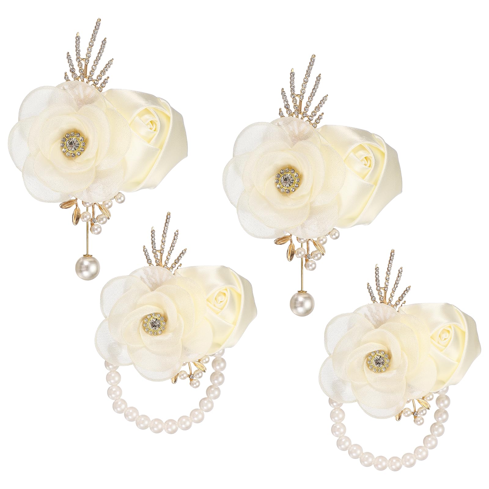 sourcing map Wrist Corsage and Boutonnieres Set, 2 Set Corsage Wristlet and Mens Boutonnieres Artificial Silk Rose for Wedding Groom Bride Suit Accessories Formal Events, Cream
