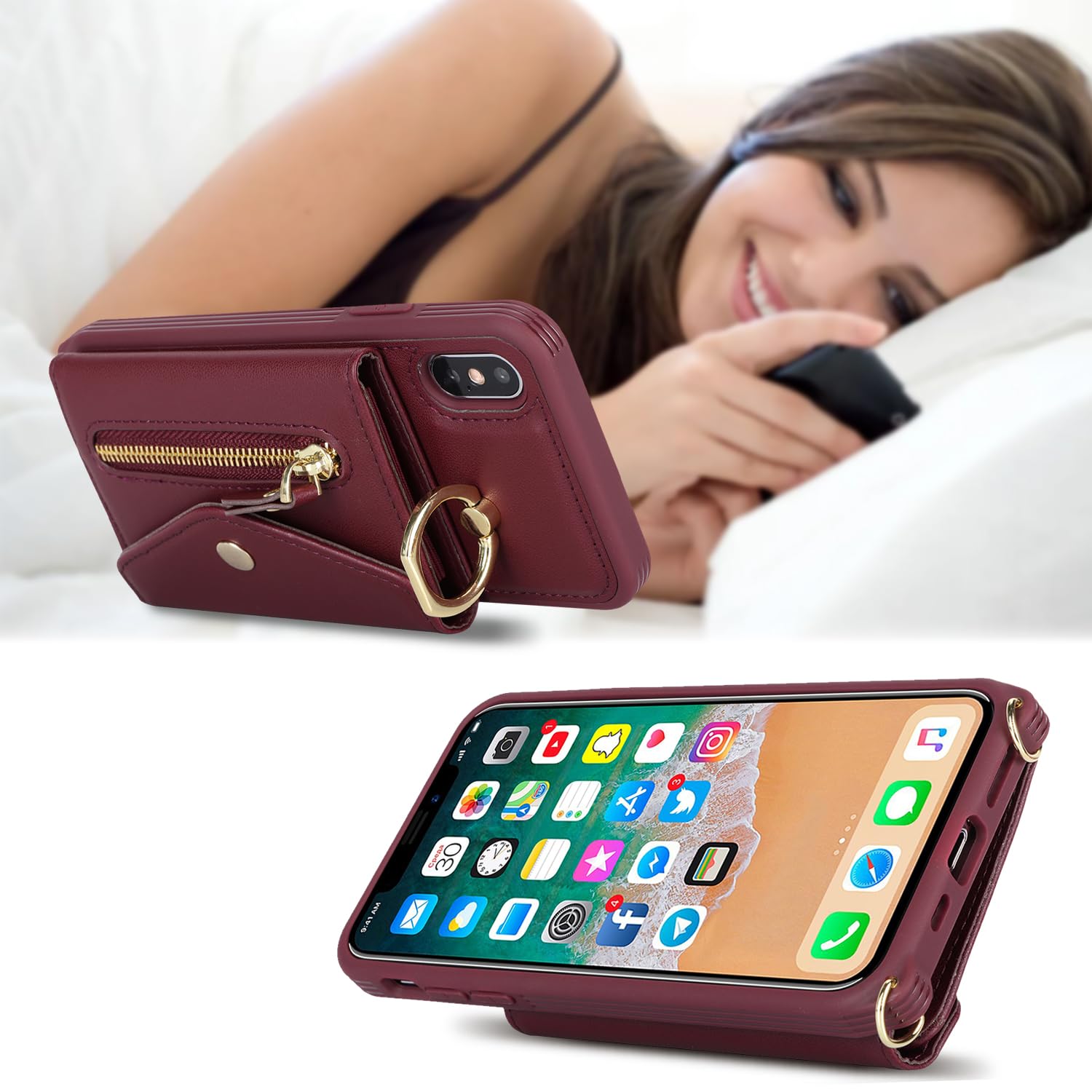 SailorTech iPhone XS Max Case with Zipper Credit Card Holder for Women iPhone XS Max Phone Leather Case Ring Stand with Card Slots Kickstand Wallet Crossbody for iPhone XS Max-Burgundy - Image 3