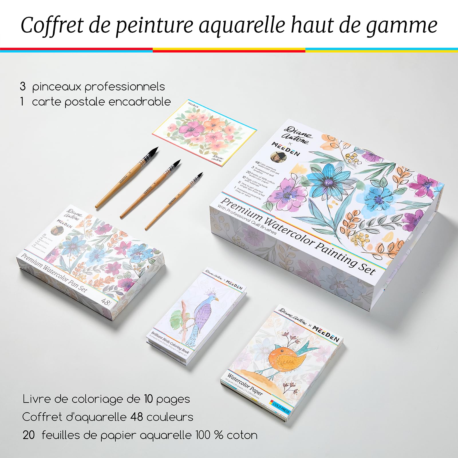 MEEDEN Diane Antone Ensemble de peinture aquarelle portable 48 couleurs avec 3 pinceaux aquarelle, pages de coloriage de doublure, papier aquarelle et cartes postales – Fournitures d'art pour adultes