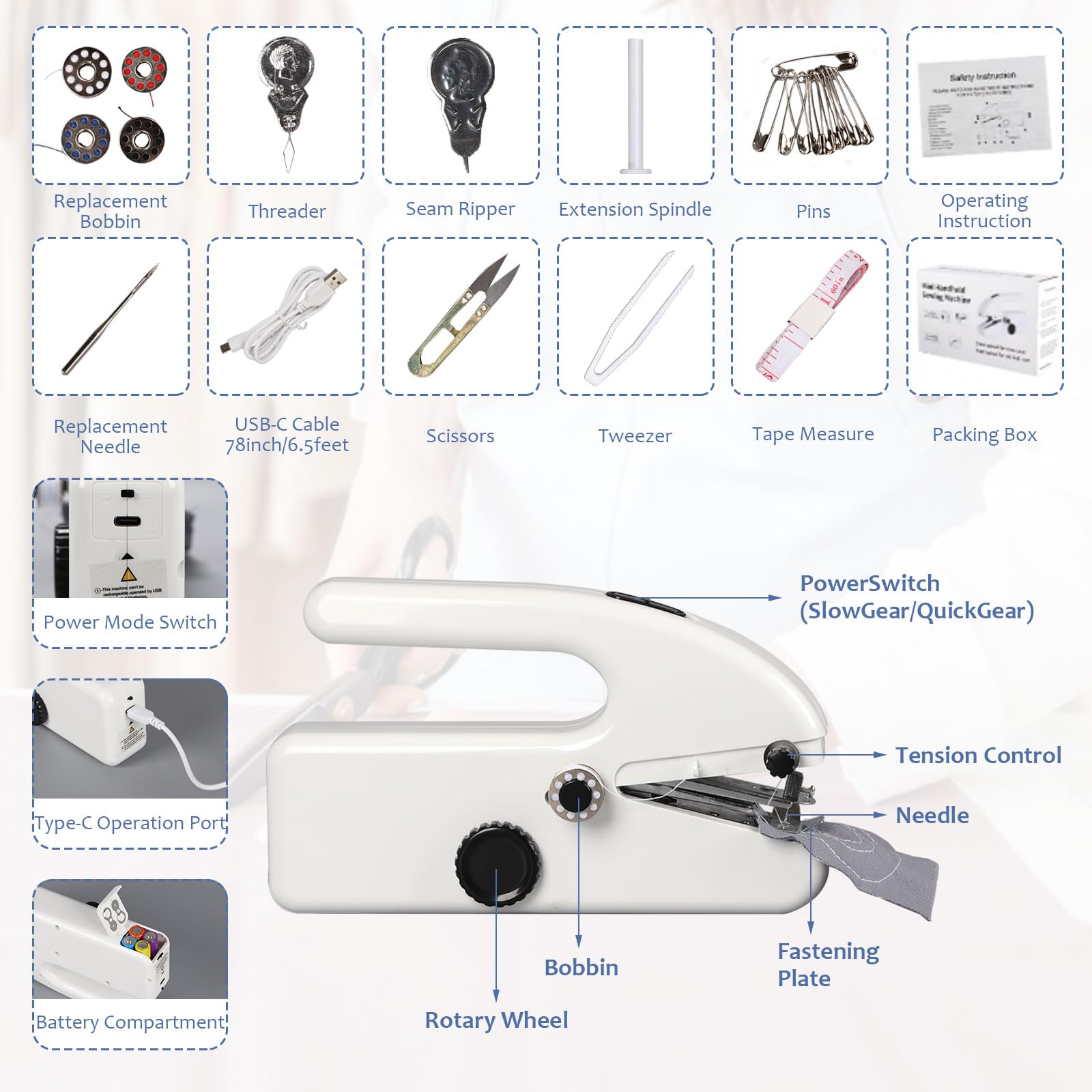 Macchina da Cucire Portatile, Elettrica a 2 Velocità, Mini Macchina da Cucire a Mano, Mini Cucitrice per Tessuti Portatile con Accessori da Cucito per Tessuti, Abbigliamento, Principianti, Fai Da Te