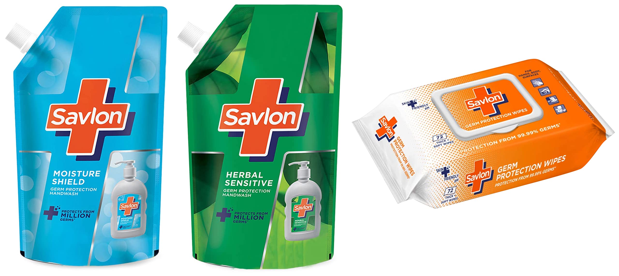 Savlon Germ Protection Multipurpose Thick & Moisture Shield Germ Protection Liquid Handwash Refill Pouch, 725 ml & Herbal Sensitive pH balanced Liquid Handwash Refill Pouch, 725ml