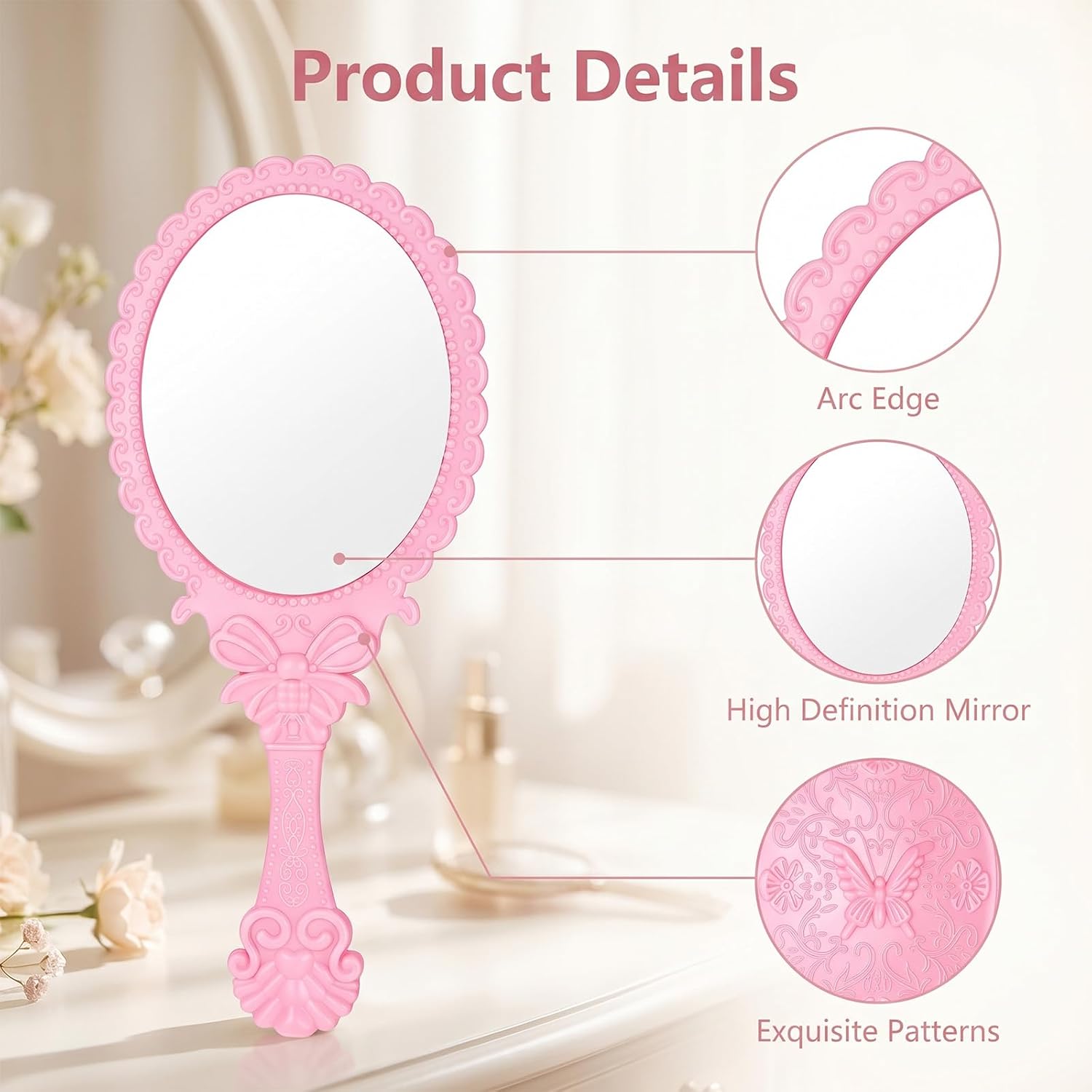 Pink Princess Handheld Mirror with Handle Vintage Makeup Purse Mirrors