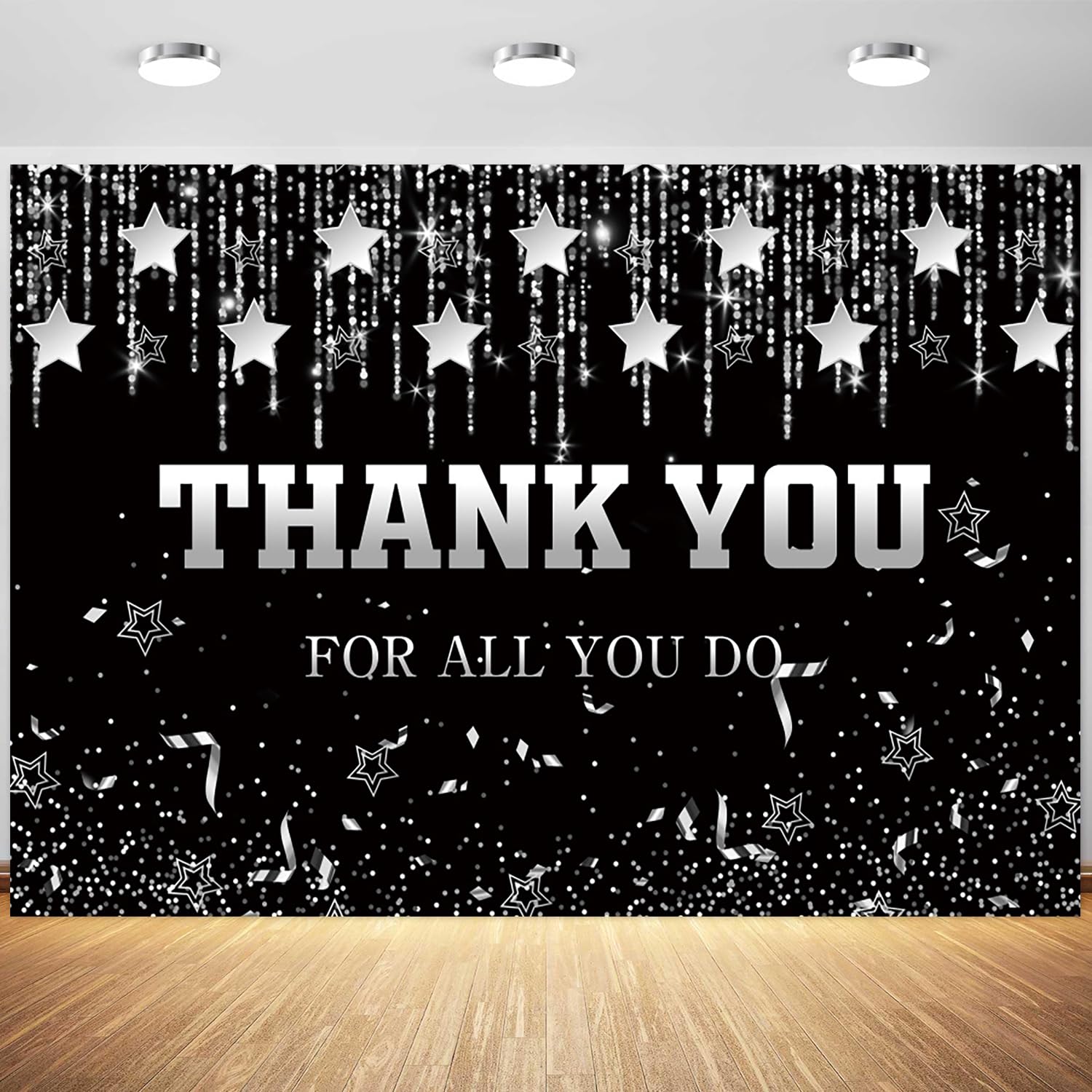 10x8ft Thank You for All You Do Backdrop Silver Stars Black Photography Background Thank You Party for Staff Teachers Professors Doctors Happy