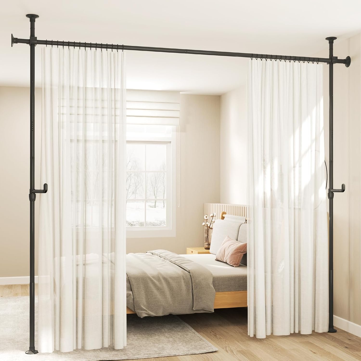 Kokorona Room Divider Curtain Rod, No Drilling Tension Rod for Room Separation, 3.48-10ft (H) 3.48-10ft (W), Heavy Duty Floor to Ceiling Wall Divider, Adjustable Hanging Room Divider, Black