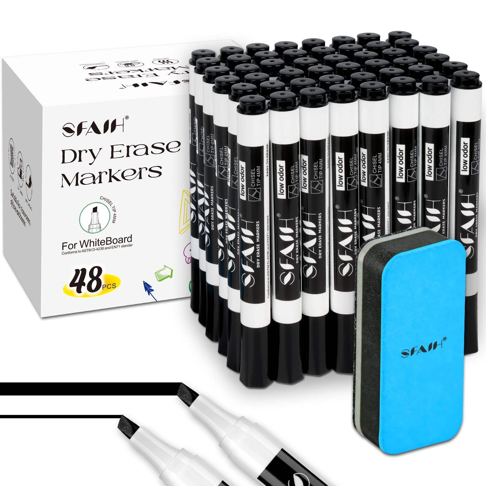 SFAIH Dry Erase Markers Chisel Tip with Magnetic Whiteboard Eraser 48 Bulk Pack Black White Board Markers for