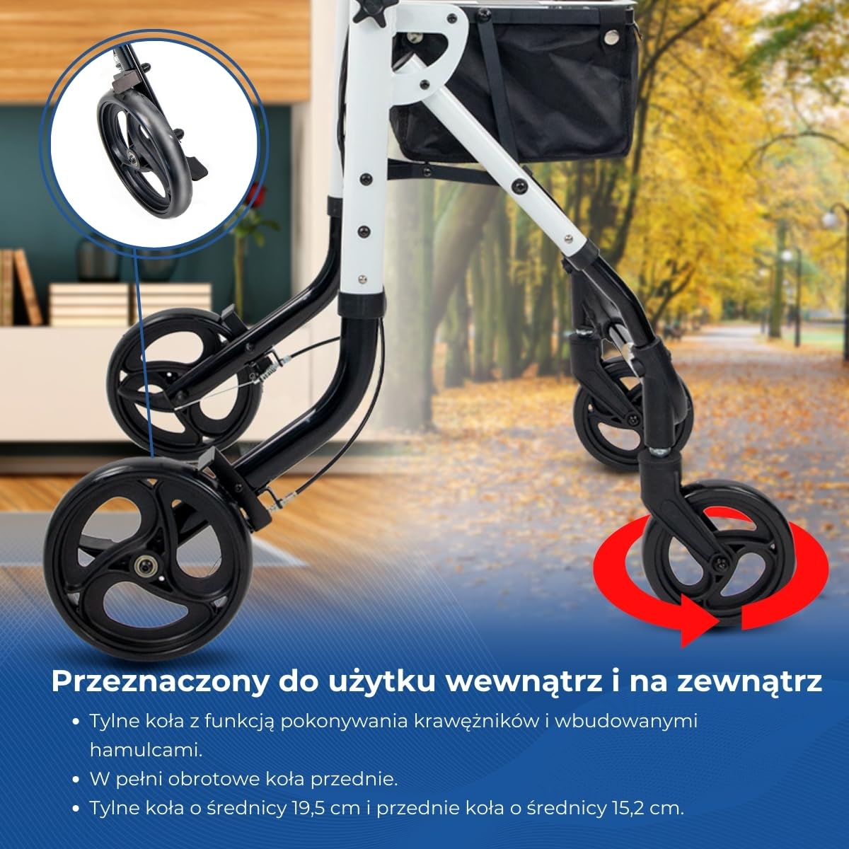 Olimpo Mobiclinic Aluminiowy składany chodzik z torbą i tacą 4 kółka biały