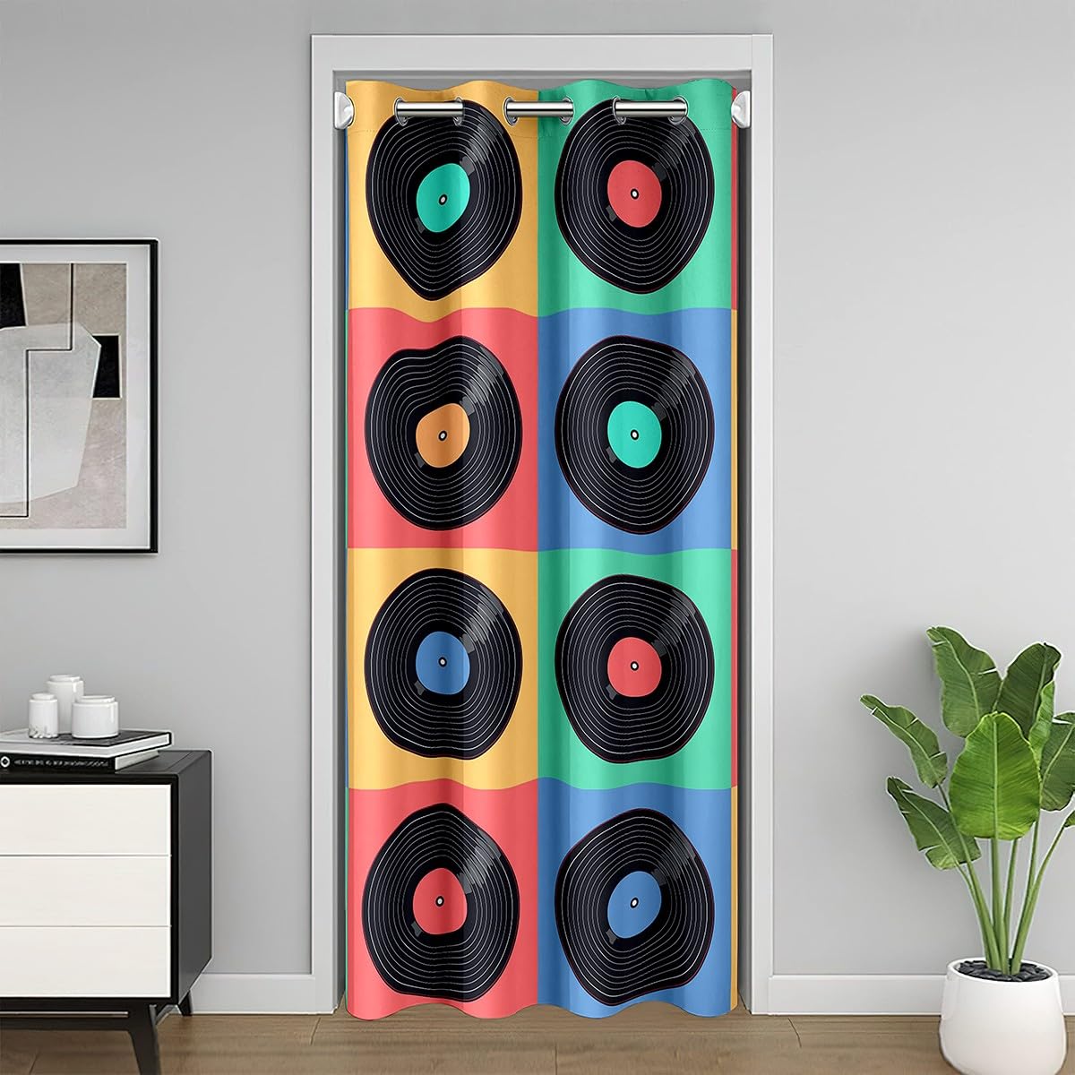 Music Disc Door Drape 34"W x 80"L,Colorful Plaid Pattern Blackout Curtain for Adult Teens,Pop Music Closet Curtain,Hip Hop Style Door Curtain for Doorway Privacy for Living Room,Darkening