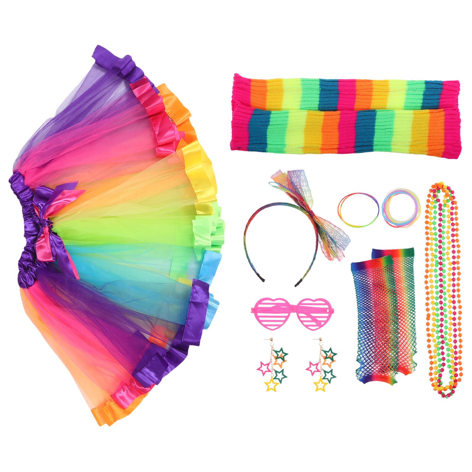 Ensemble D'accessoires de Costume Néon Années 80 pour Femmes – Jupe Tutu Courte Arc-en-ciel, Guêtres Arc-en-ciel, Résille, Bandeau et Boucles D'oreilles pour Fêtes Fluo, Carnaval