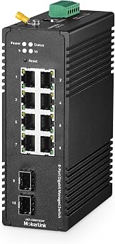 MokerLink 8 Port Gigabit Industrial DIN-Rail Ethernet Switch Managed, 2 SFP Ports, 20Gbps Switching Capacity, Web L2+ Managed IP40 Network Switch -40 to 185F, with Power Supply